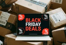 Guide to the best Black Friday travel gadget deals for 2025 a laptop with a black screen on top of boxes. Black Friday Deals 2025. {Tech} for Travel. https://techfortravel.co.uk