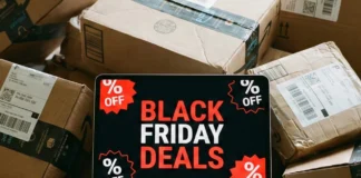 Guide to the best Black Friday travel gadget deals for 2025 a laptop with a black screen on top of boxes. Black Friday Deals 2025. {Tech} for Travel. https://techfortravel.co.uk