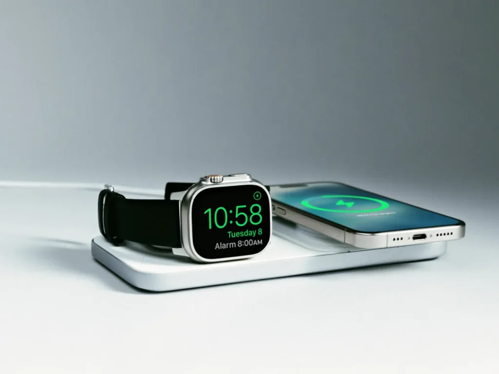 a smart watch and a phone on a wireless charger. Nomad Goods. Black Friday Deals 2025. {Tech} for Travel. https://techfortravel.co.uk