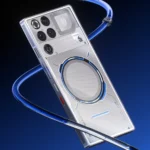 REDMAGIC 11 Pro Performance Boosted by Snapdragon 8 Elite a silver rectangular device with round buttons and a blue tube. REDMAGIC 11 Pro. {Tech} for Travel. https://techfortravel.co.uk