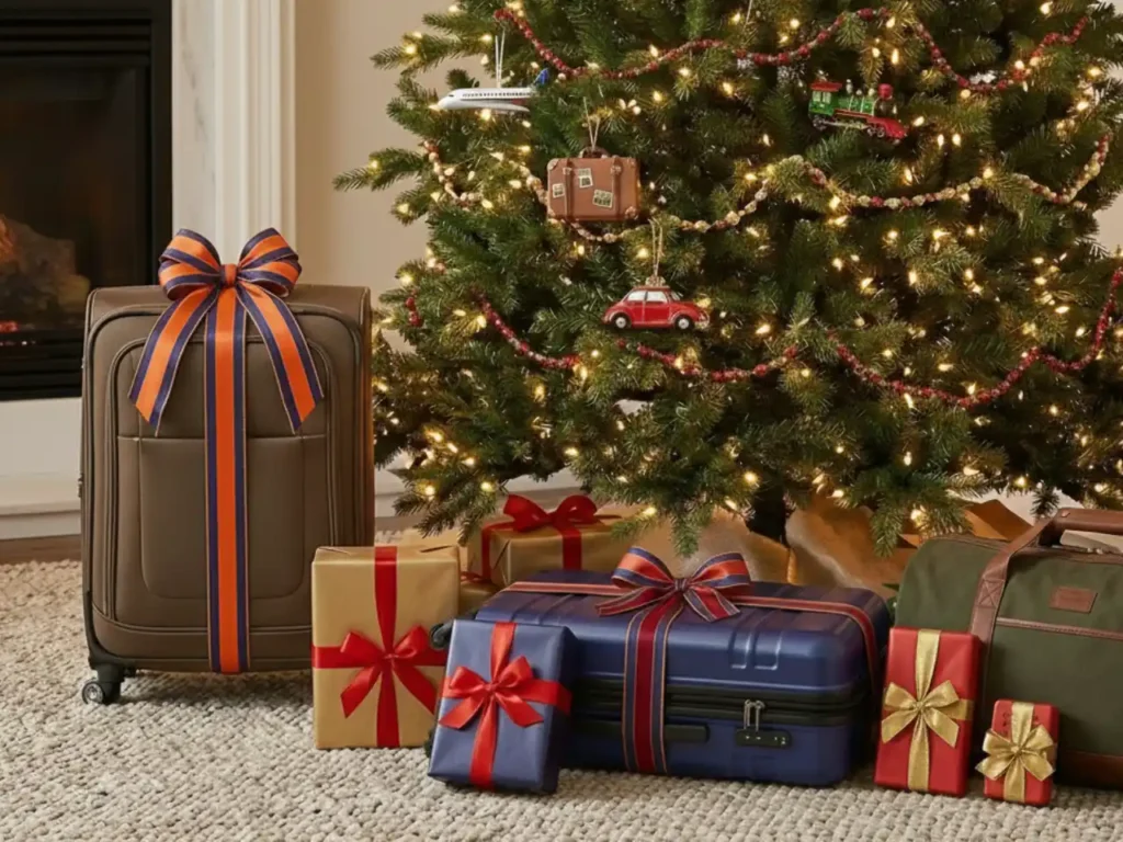 TFT Christmas Gift Guide – {Tech} for Travel luggage wrapped presents under a christmas tree. best travel gifts for Christmas 2025. {Tech} for Travel. https://techfortravel.co.uk