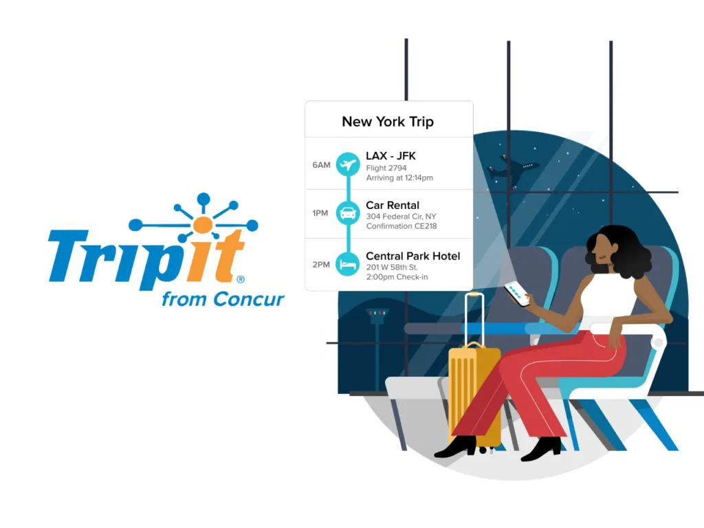 a woman sitting in a chair with luggage. TripIt Pro. Best Travel Gadgets 2025. {Tech} for Travel. https://techfortravel.co.uk