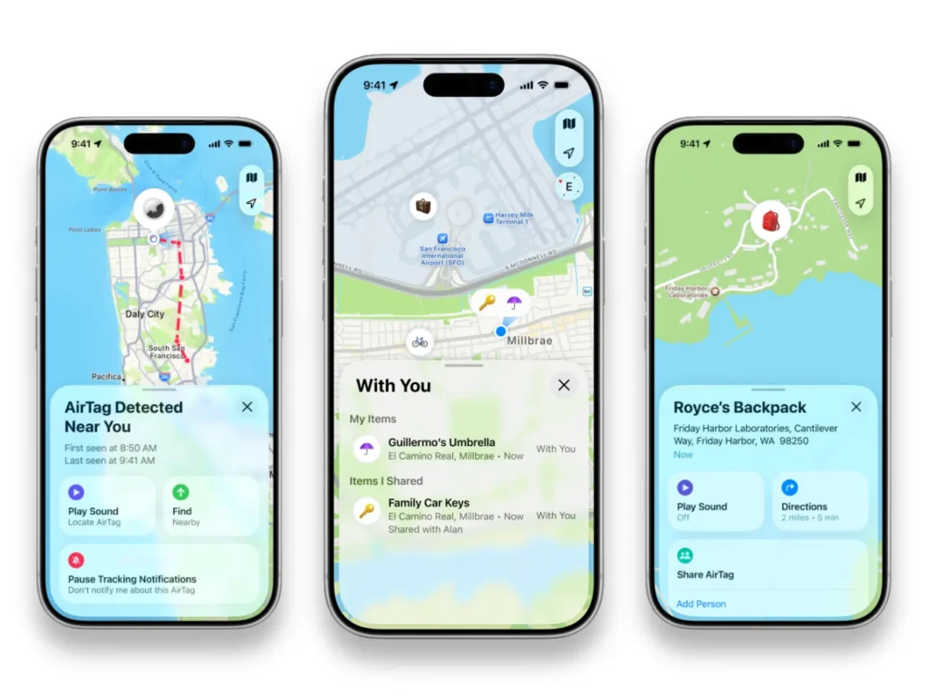 a group of cell phones with maps on them. Apple AirTag 2. {Tech} for Travel. https://techfortravel.co.uk