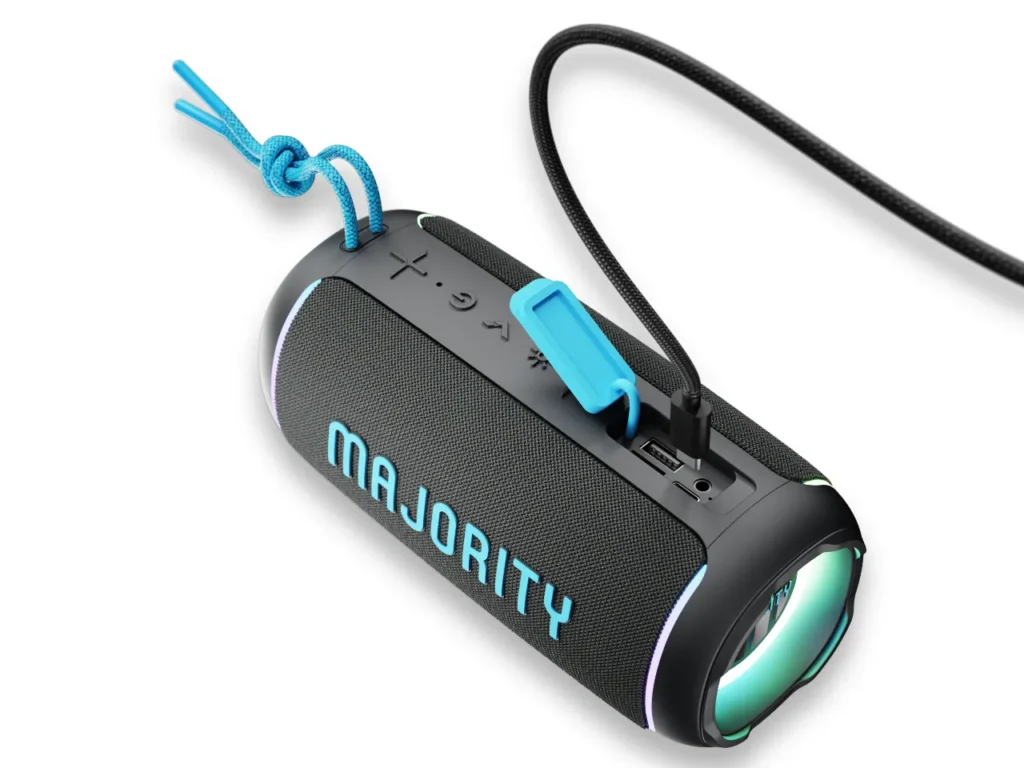 a black speaker with a blue light. Majority portable speakers, Move 2 {Tech} for Travel. https://techfortravel.co.uk