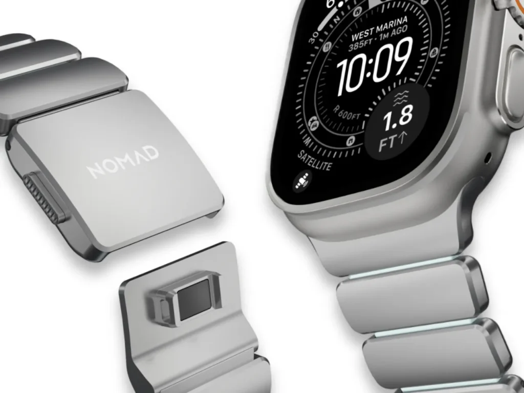 a close up of a watch. Nomad Goods Icy Blue Limited Edition Apple Watch Band. {Tech} for Travel. https://techfortravel.co.uk