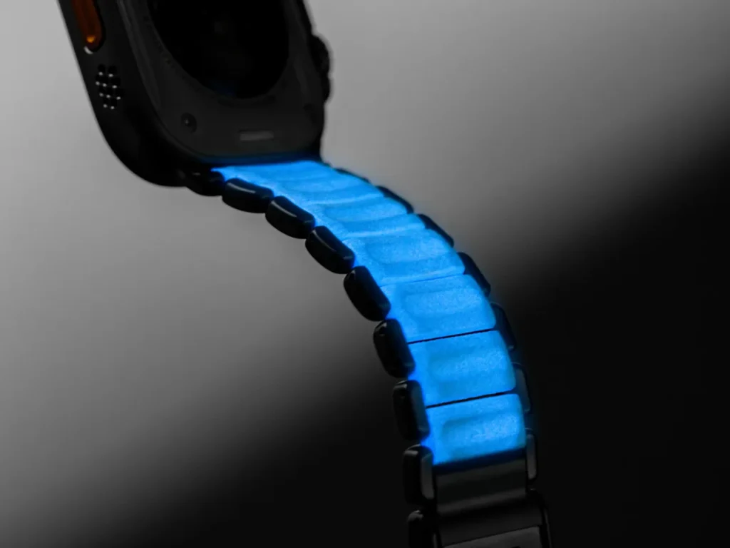 a watch with a blue light. Nomad Goods Icy Blue Limited Edition Apple Watch Band. {Tech} for Travel. https://techfortravel.co.uk