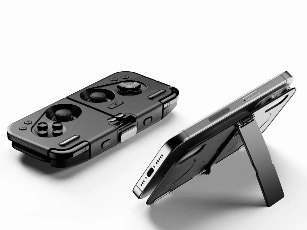 Ohsnap MCON Controller Kickstand – {Tech} for Travel a black device with a stand. Ohsnap MCON Controller. {Tech} for Travel. https://techfortravel.co.uk