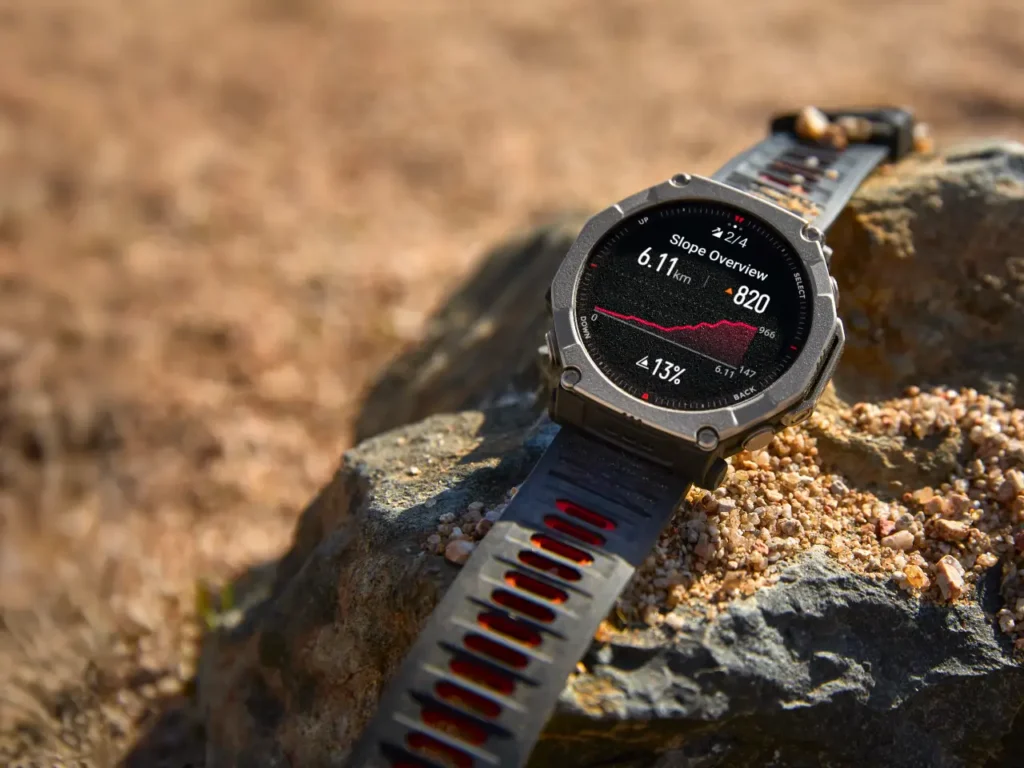 Amazfit T-Rex Ultra 2 lay flat – {Tech} for Travel a smart watch on a rock. Amazfit T-Rex Ultra 2. {Tech} for Travel. https://techfortravel.co.uk