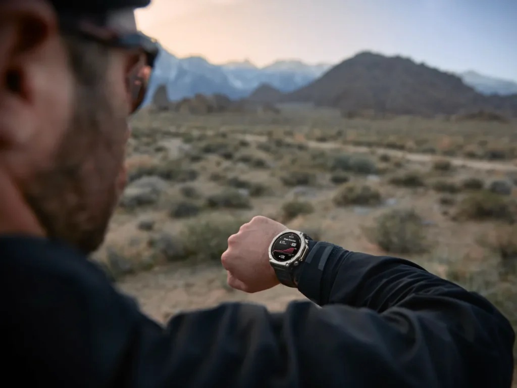 Amazfit T-Rex Ultra 2 navigation – {Tech} for Travel a man looking at his watch. Amazfit T-Rex Ultra 2. {Tech} for Travel. https://techfortravel.co.uk