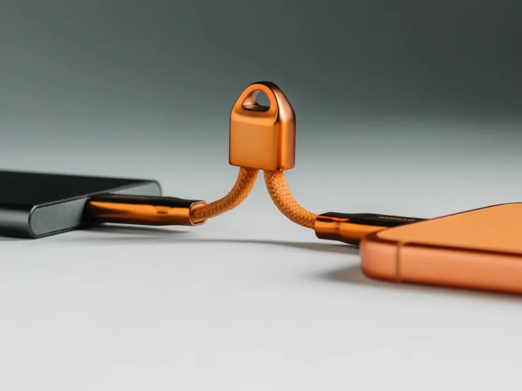 a close up of a device. Nomad ChargeKey V2 Stellar Orange. {Tech} for Travel. https://techfortravel.co.uk