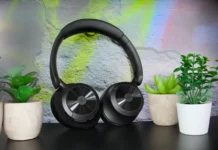 OneOdio Focus A1 Pro Review: Hybrid ANC on a Budget a pair of black headphones on a black surface. OneOdio Focus A1 Pro Review. {Tech} for Travel. https://techfortravel.co.uk