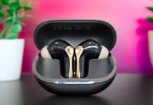 SoundPEATS Air5 Pro Plus Review: Powerful Noise Cancelling in a Light Design a black and gold earbuds in a case